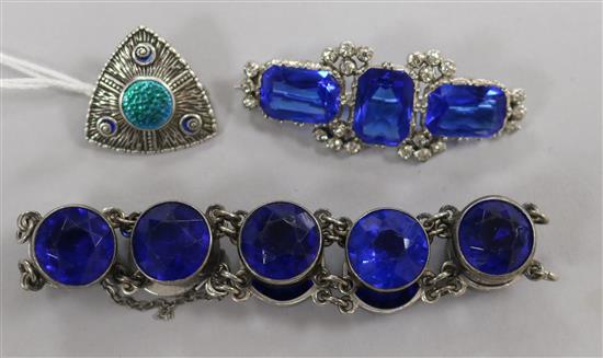 A Charles Horner silver and enamelled brooch and two items of costume jewellery.